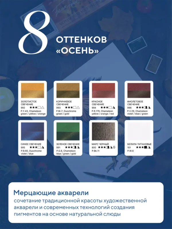 Белые ночи Акварельные краски для рисования набор "Осень" 8 шт. мерцающая акварель.